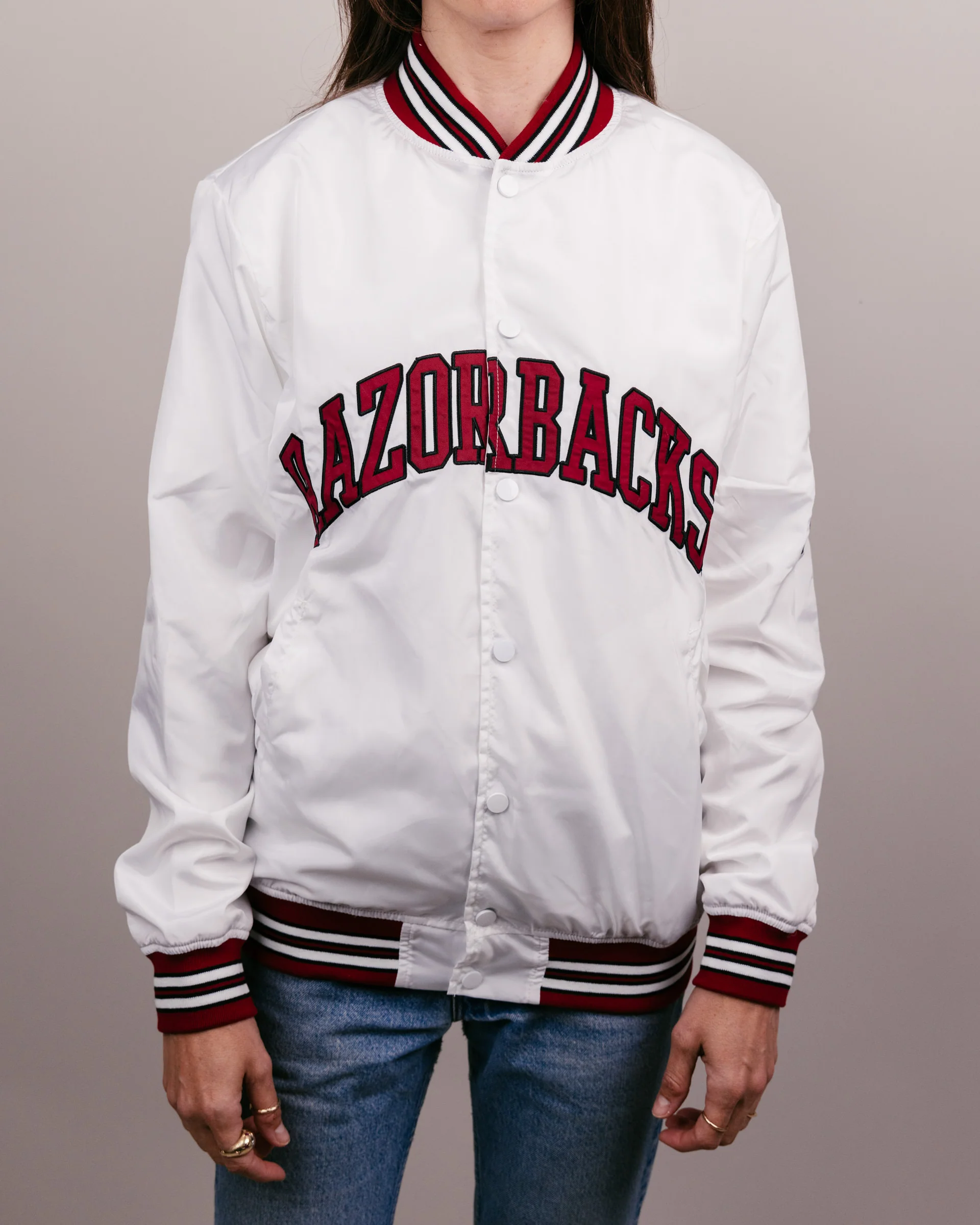 Arkansas Razorbacks Arch White Letterman Jacket - Image 3