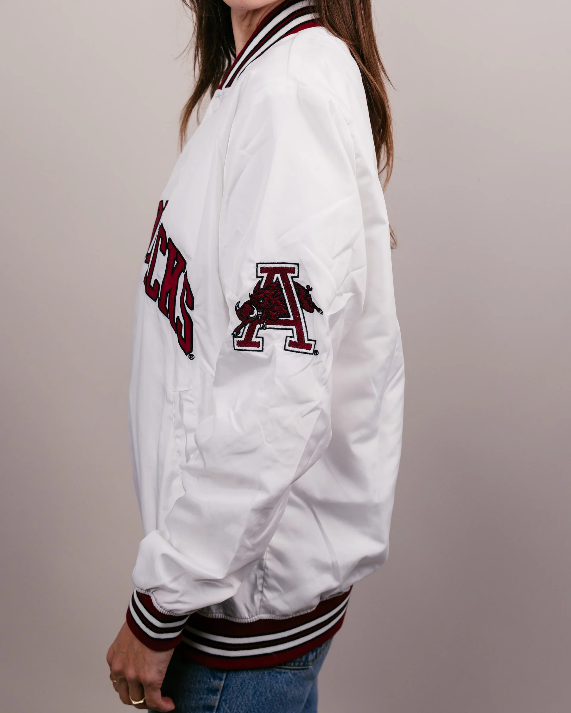 Arkansas Razorbacks Arch White Letterman Jacket - Image 4