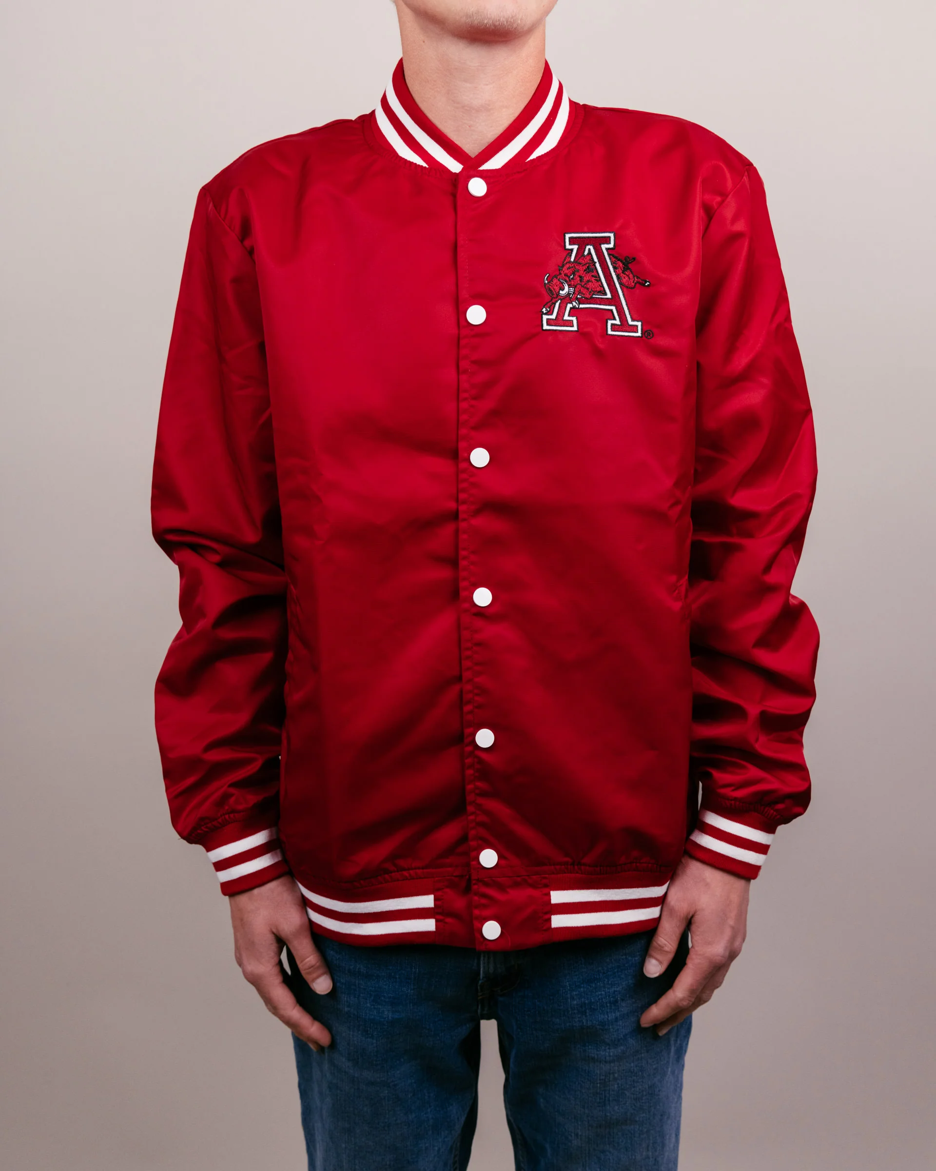 Arkansas Script Monogram Cardinal Letterman Jacket - Image 3